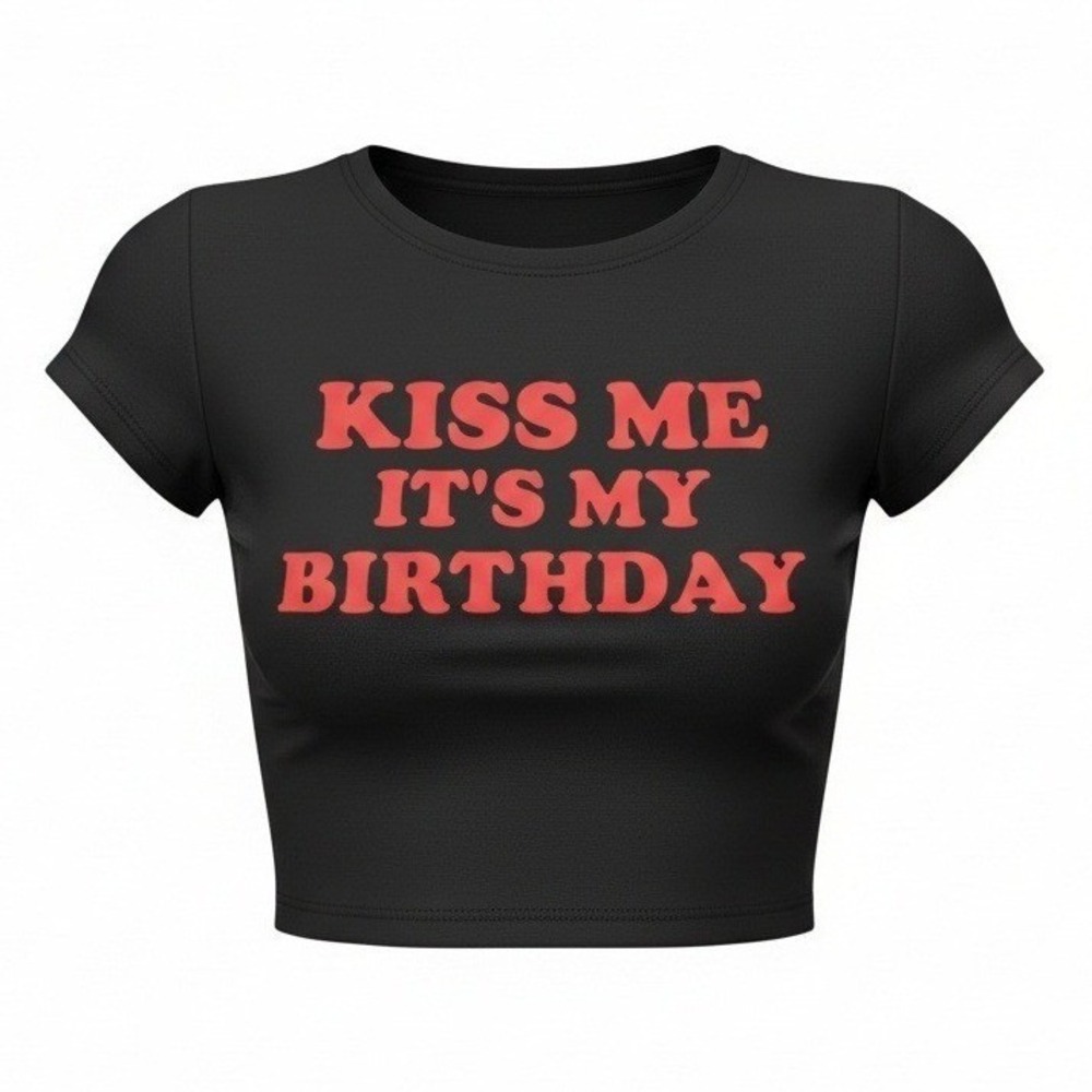 New Medium "Kiss Me It's My Birthday" Baby Crop Tee Black Y2k Top Goth Grunge